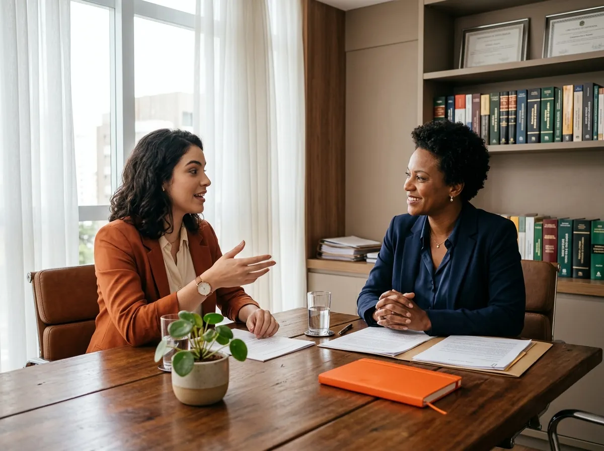Two women talking in a law office, one of them listening attentively with an empathetic expression while the other explains something with hand gestures.