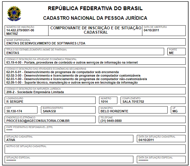 Exemplo de comprovante de inscrição e situação cadastral de CNPJ