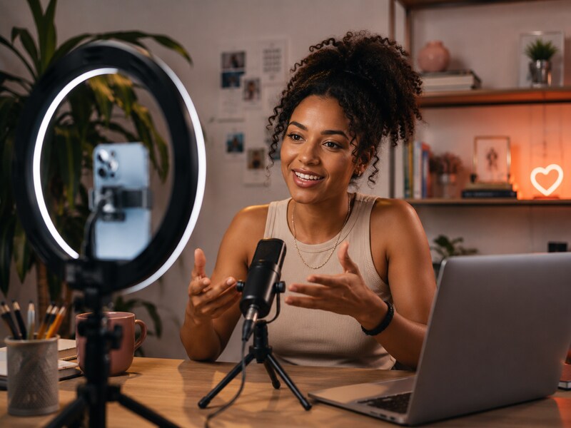 Criadora de conteúdo grava vídeo com smartphone, ring light e microfone em seu espaço de trabalho, representando a creator economy e a produção profissional de conteúdo digital.