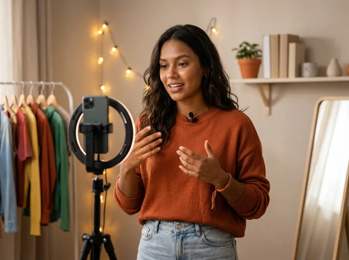 Criadora de conteúdo de moda gravando vídeo em um estúdio caseiro no quarto, com ring light e microfone, ilustrando a rotina de um creator dentro da Creator Economy.