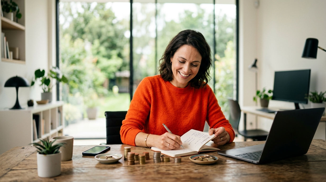 Empreendedora organizando orçamento e moedas em casa, praticando educação financeira