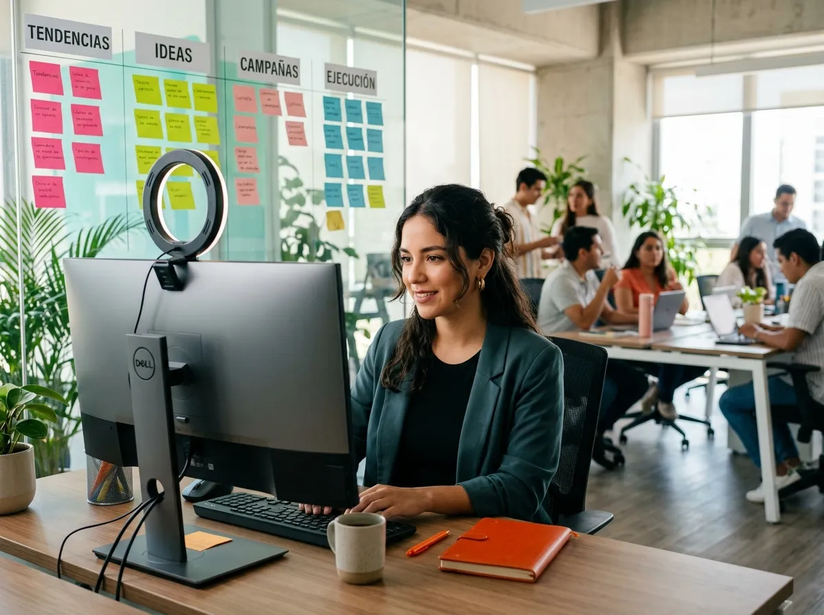 Profesional de redes sociales leyendo una newsletter semanal sobre tendencias de marketing digital en la pantalla del computador, en una oficina de agencia con tablero de ideas organizado al fondo.