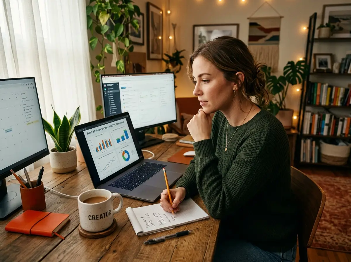 Creator analyzing email marketing charts and metrics on a laptop, in a cozy home office with plants and warm ambient lighting.