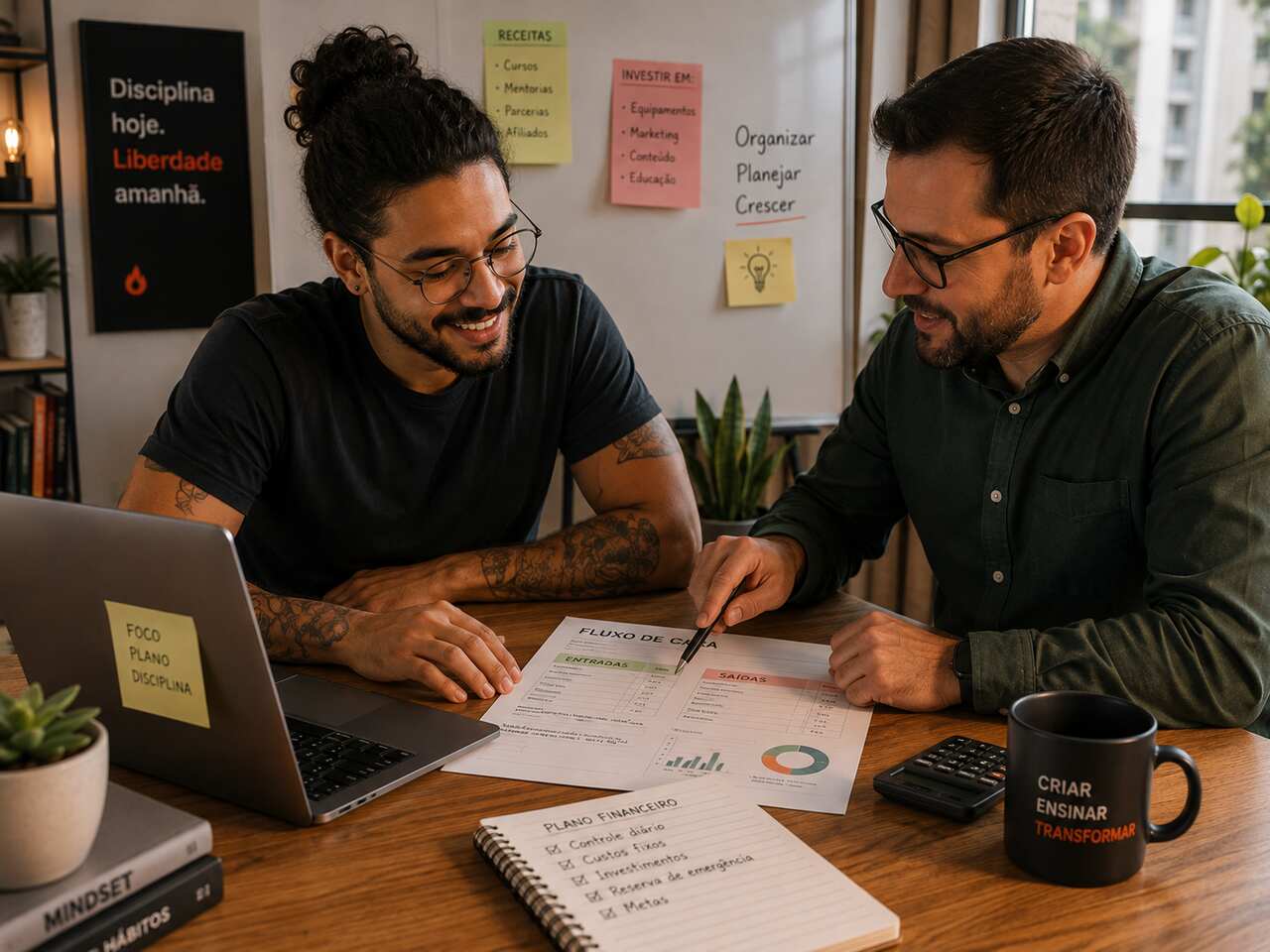 Empreendedores analisam relatório de fluxo de caixa com entradas, saídas e gráficos financeiros, utilizando notebook e calculadora para organizar receitas, despesas e planejamento financeiro do negócio.