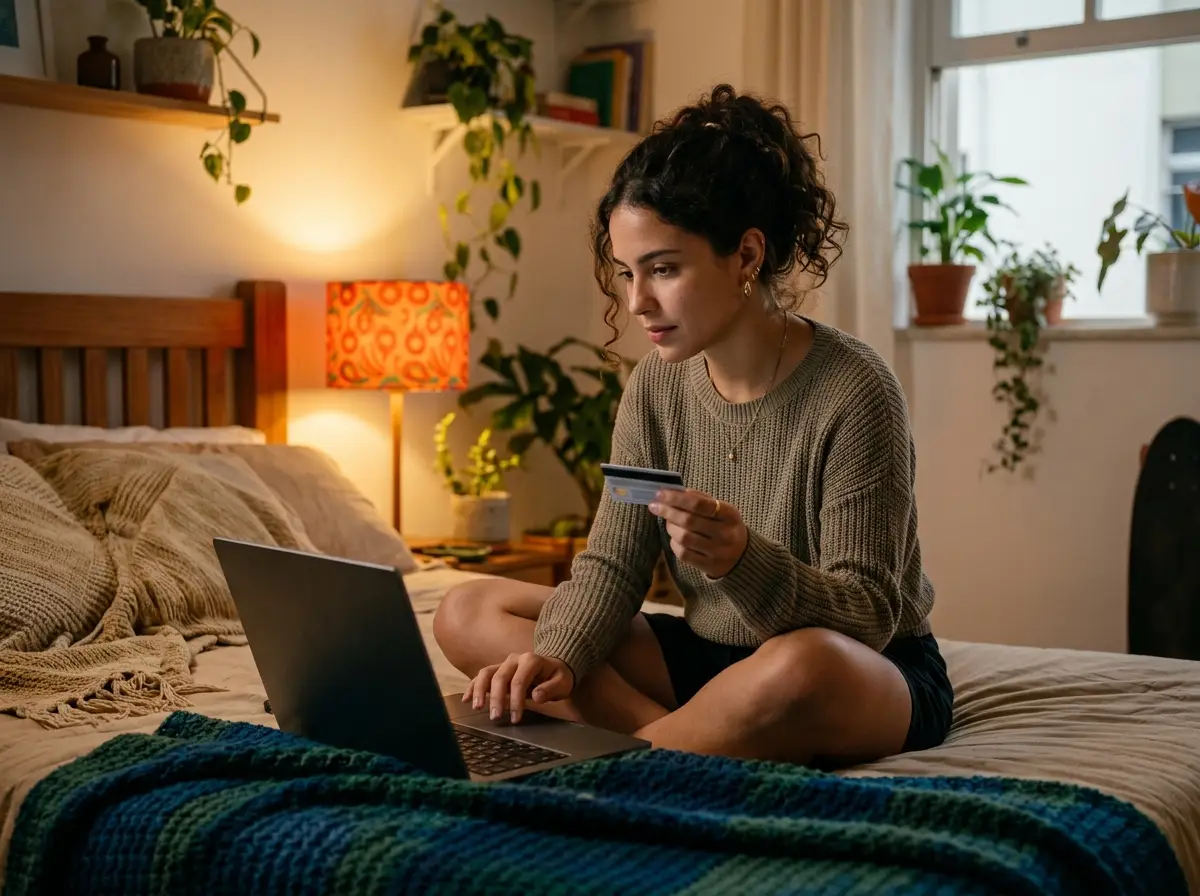 Person reading a scarcity-trigger message on a sales page from their laptop, holding a credit card before deciding to buy.