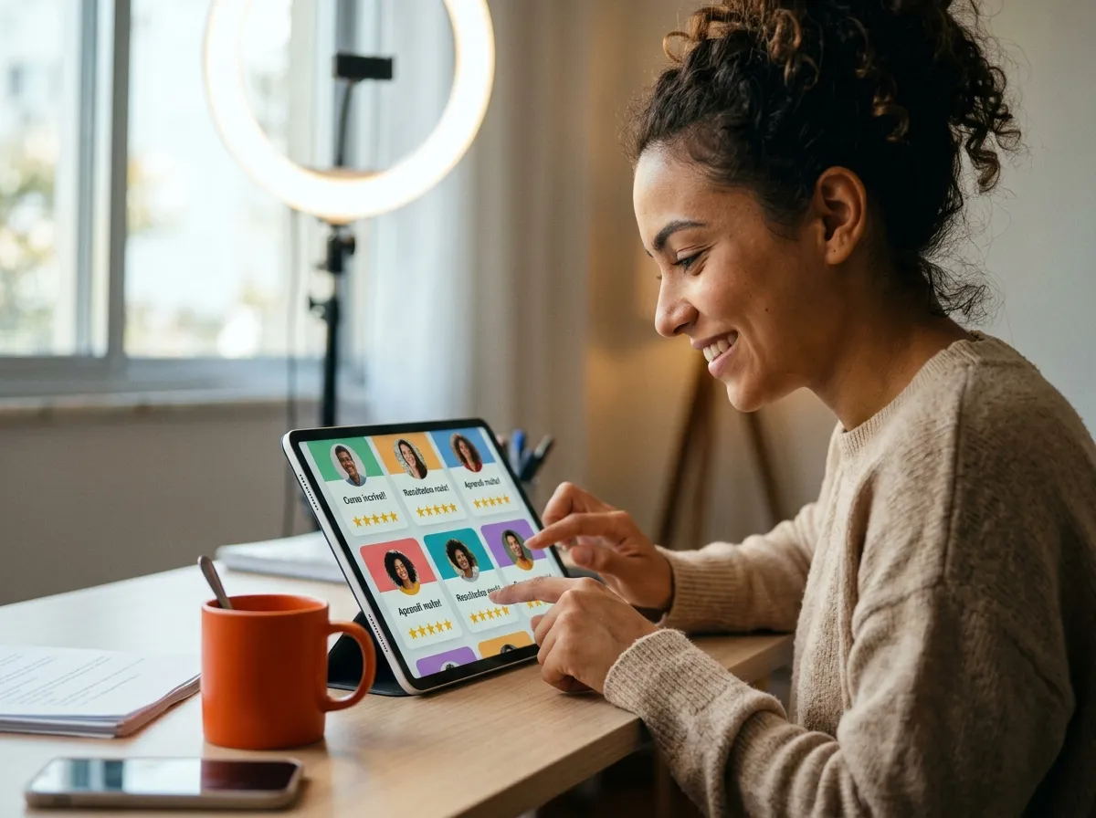 Criador de conteúdo analisando depoimentos e avaliações de alunos em um tablet, exemplo de gatilho mental de prova social usado em páginas de vendas.