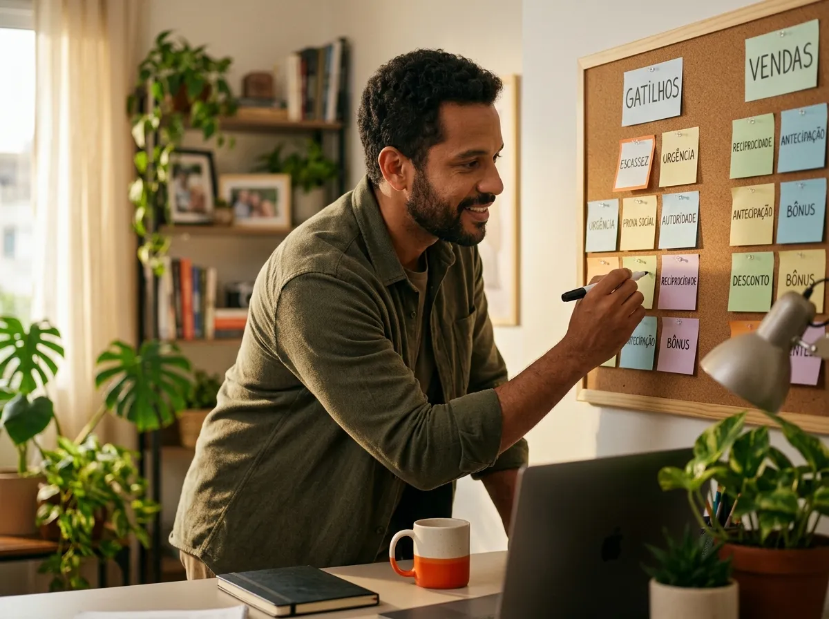 Pessoa organizando gatilhos mentais em um quadro de post-its durante um brainstorming de estrategia de marketing e vendas para produtos digitais.