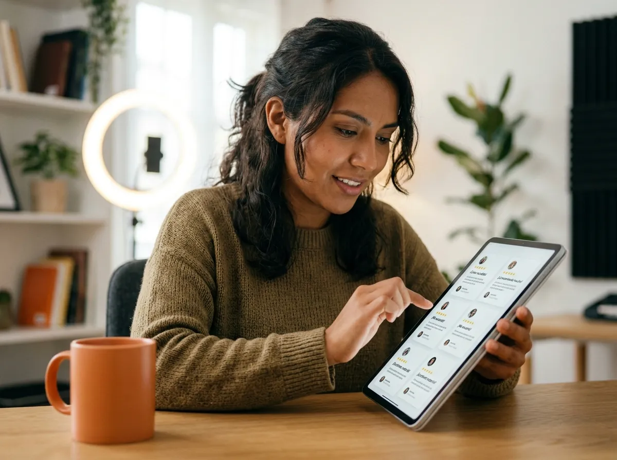 Creador de contenido revisando testimonios y reseñas de alumnos en una tablet, ejemplo de gatillo mental de prueba social usado en páginas de ventas.
