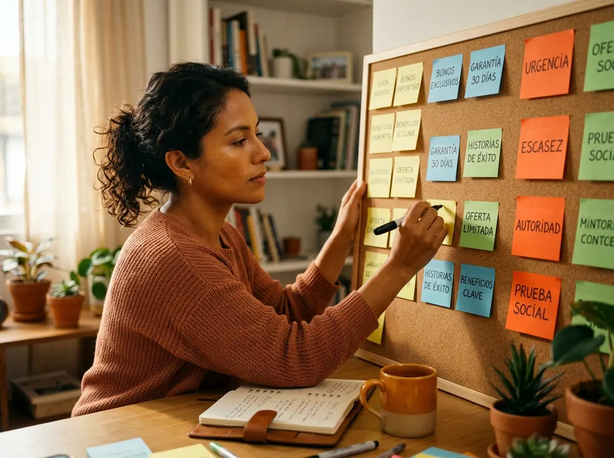 Persona organizando gatillos mentales en un tablero de post-its durante una lluvia de ideas de estrategia de marketing y ventas para productos digitales.
