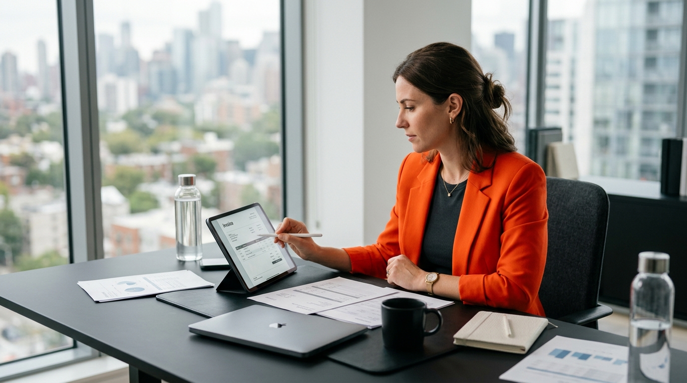Empreendedora revisando nota fiscal digital em tablet no home office