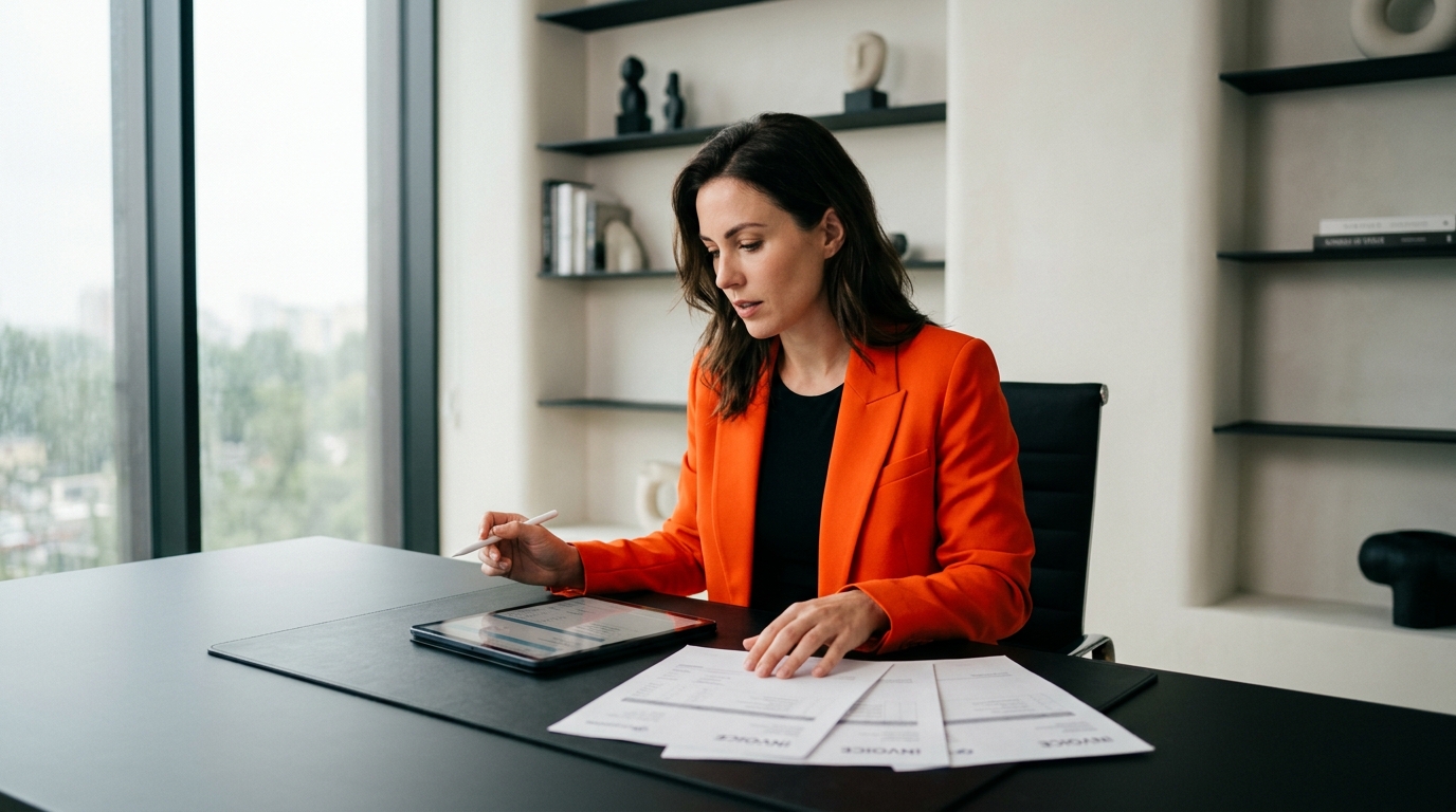 Empreendedora revisando documentos de isenção de inscrição estadual