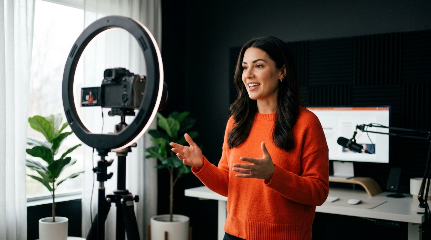 Criadora de conteúdo grava vídeo diante de câmera e ring light em estúdio, representando os tipos de lançamento digital usados para divulgar produtos, serviços e negócios no ambiente online.