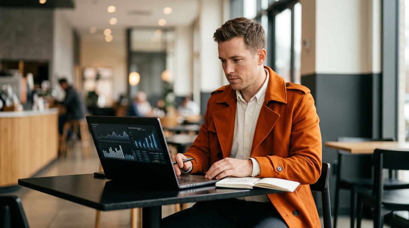 Profissional analisa gráficos financeiros no notebook enquanto trabalha em ambiente corporativo, representando os tipos de regime tributário e a importância do planejamento fiscal para empresas e profissionais.