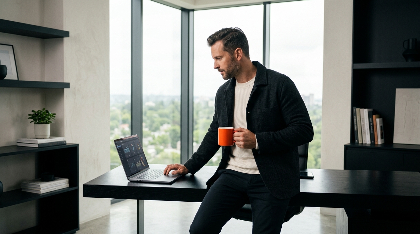 Empreendedor conferindo notificações automáticas em painel no notebook