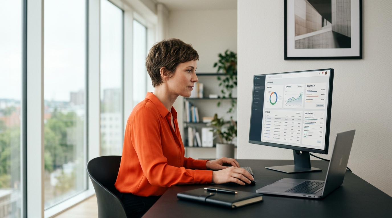 Empreendedora consultando notas fiscais de serviços tomados no computador