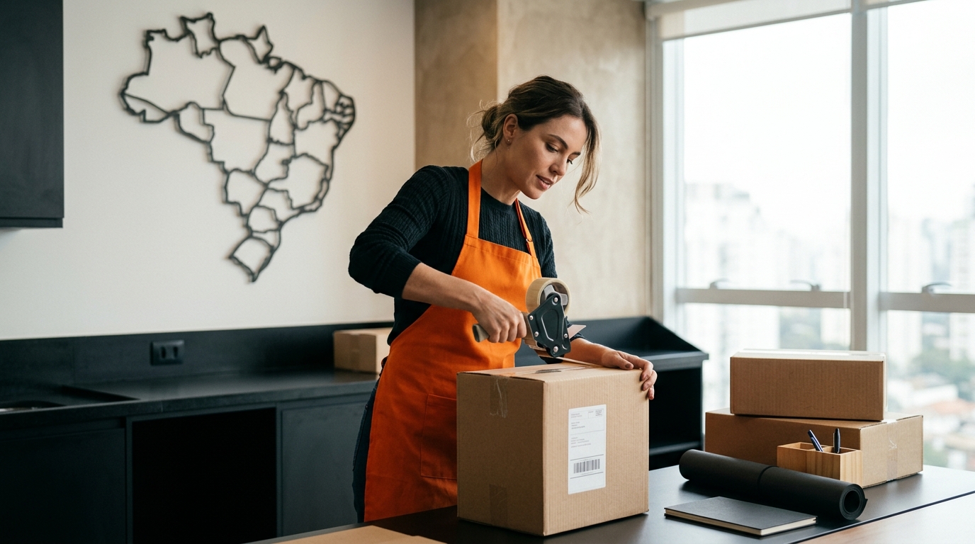 Empreendedora embalando produto para nota fiscal interestadual