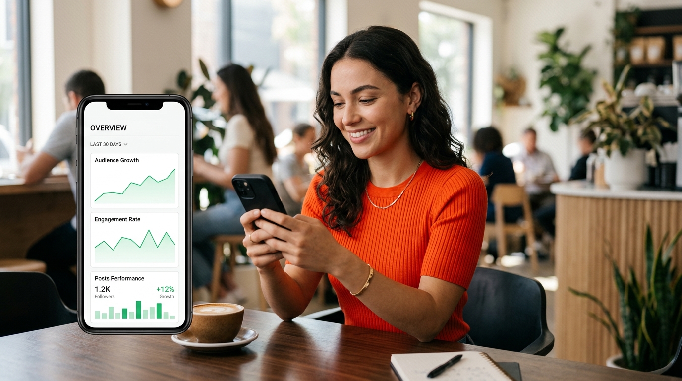 Empreendedora analisando métricas do Instagram Insights no celular
