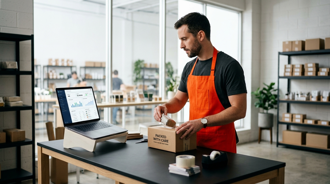 Empreendedor embalando produto de loja de dropshipping