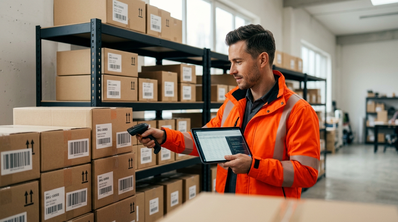 Empreendedor consultando código NCM em caixas de produtos