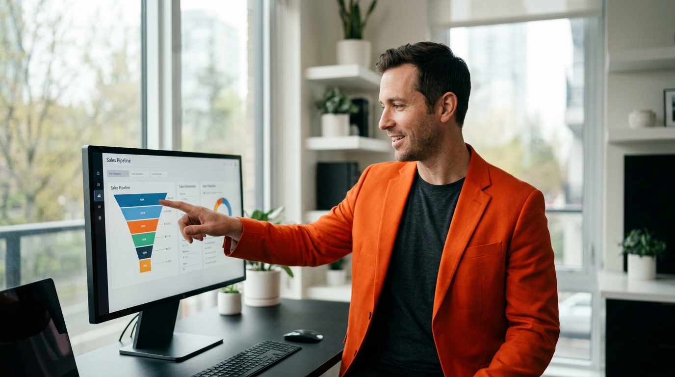 Profissional de vendas analisando dashboard de ferramenta de CRM