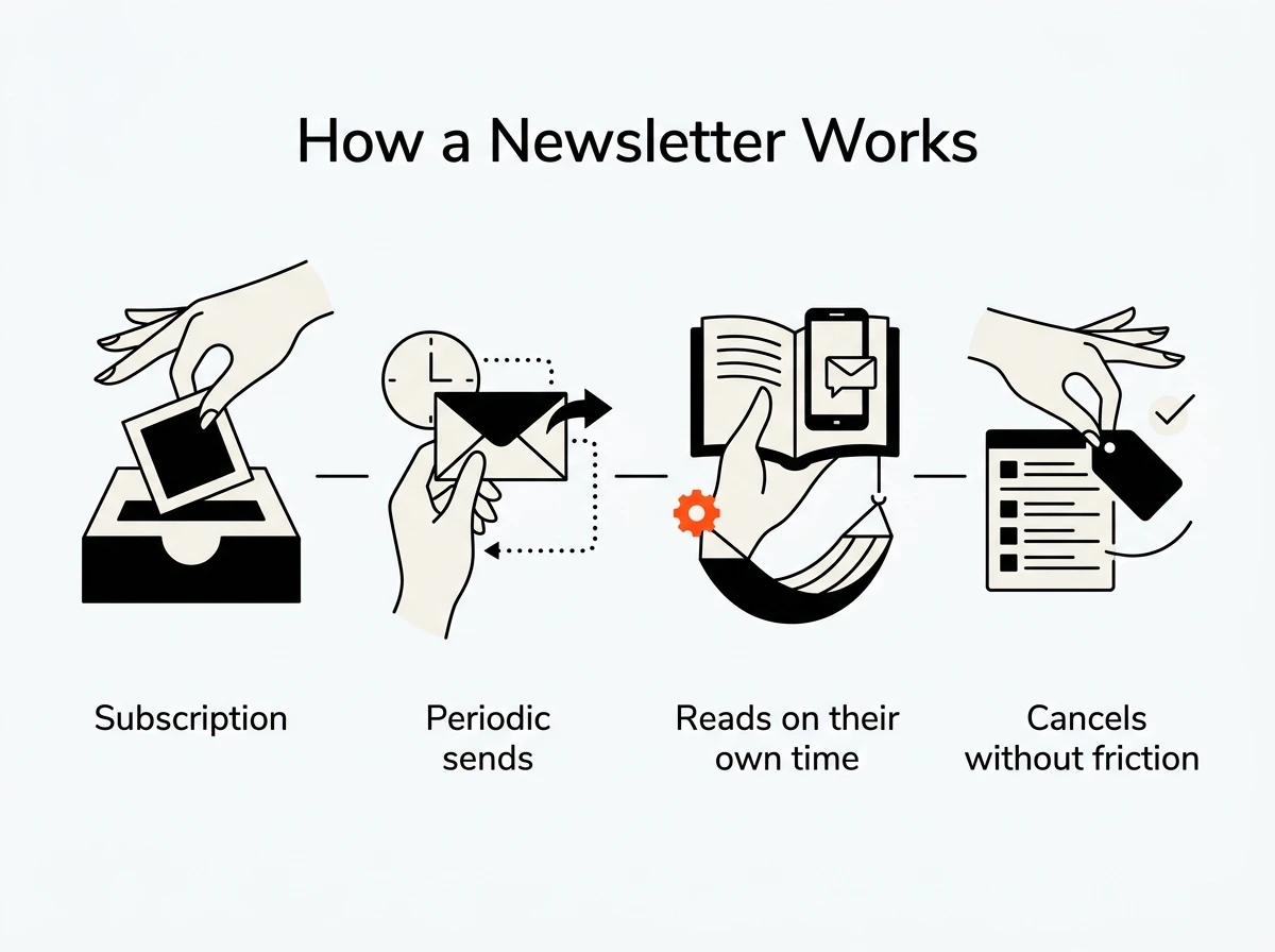 Infographic illustrating how a newsletter works, with four stages: subscription, periodic sends, reading on the subscriber's own time, and frictionless cancellation.
