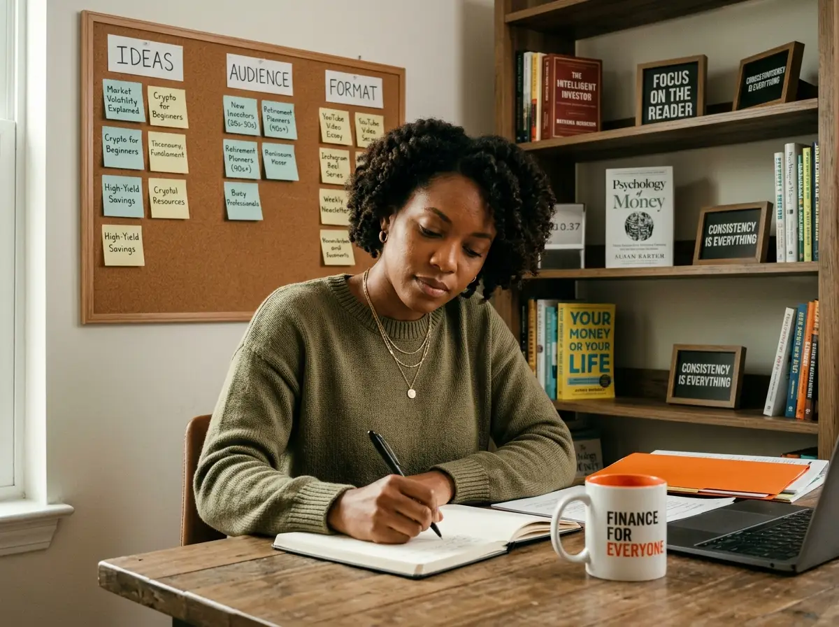 Finance content creator brainstorming in an office with books and sticky notes organized into columns, planning the ideal newsletter content for their audience.