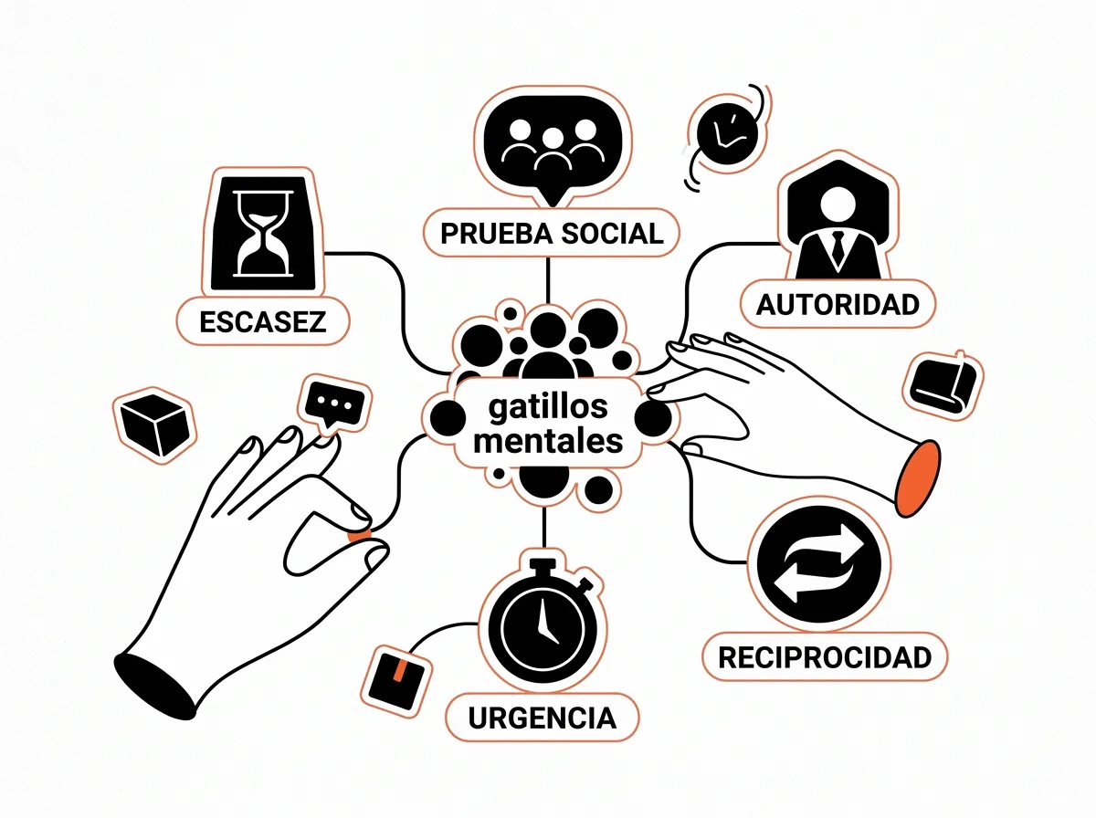 Infografía en forma de mapa mental mostrando los principales gatillos mentales usados en marketing y ventas: escasez, prueba social, autoridad, urgencia y reciprocidad.