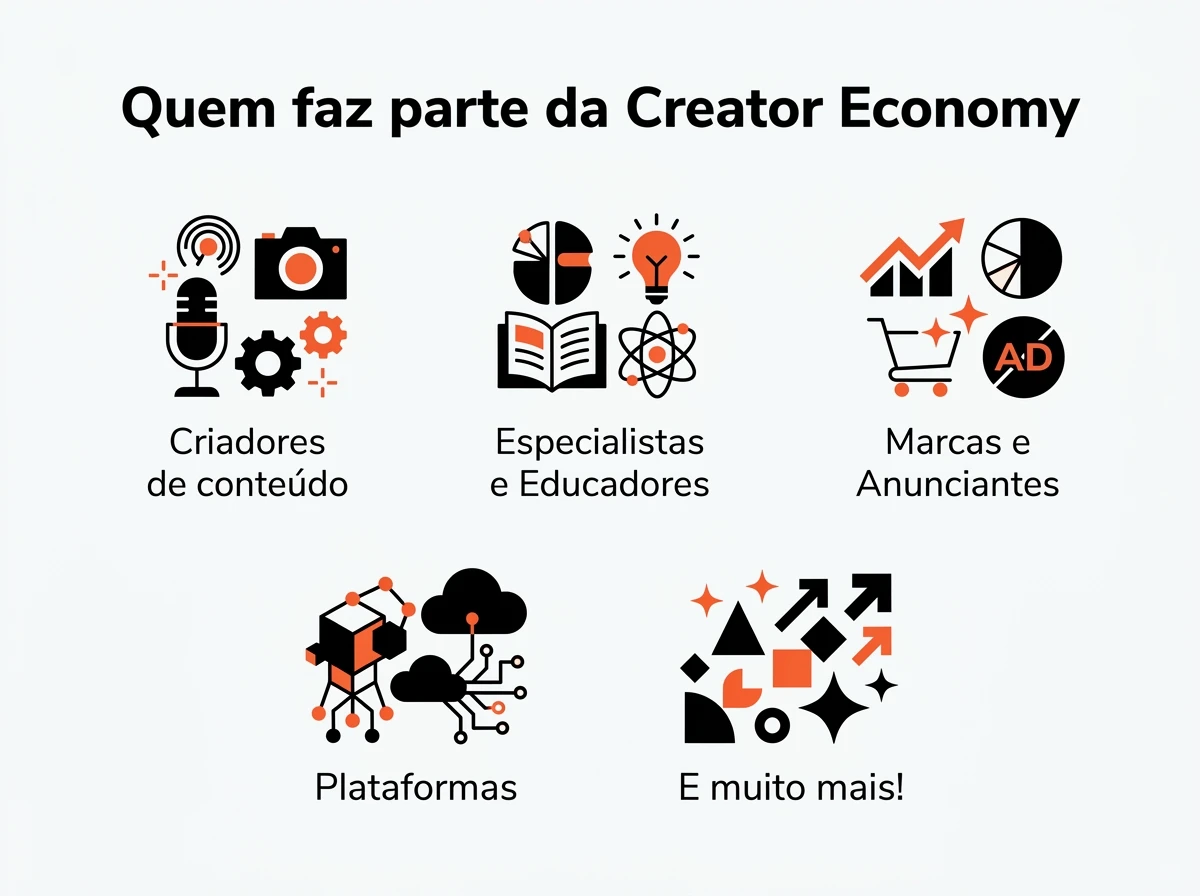 Infográfico mostrando quem faz parte da Creator Economy: criadores de conteúdo, especialistas e educadores, marcas e anunciantes, plataformas e outros participantes desse ecossistema.