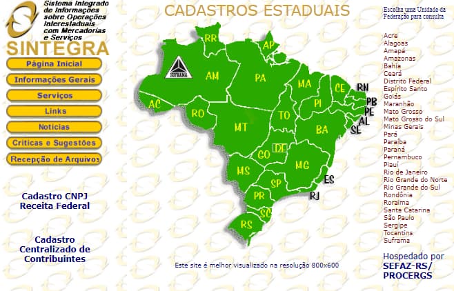 Tela do SINTEGRA para consultar inscrição estadual, exibindo mapa do Brasil com estados selecionáveis e menu de acesso aos cadastros estaduais de contribuintes.