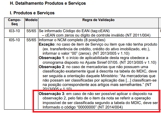 Exemplo de preenchimento de NCM com código genérico 00000000