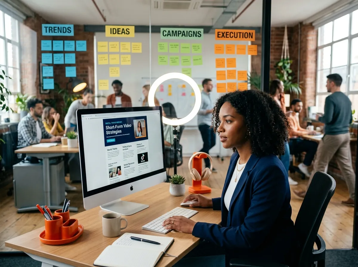 Social media professional reading a weekly trends newsletter on a computer screen in a marketing agency office, with an organized ideas board in the background.