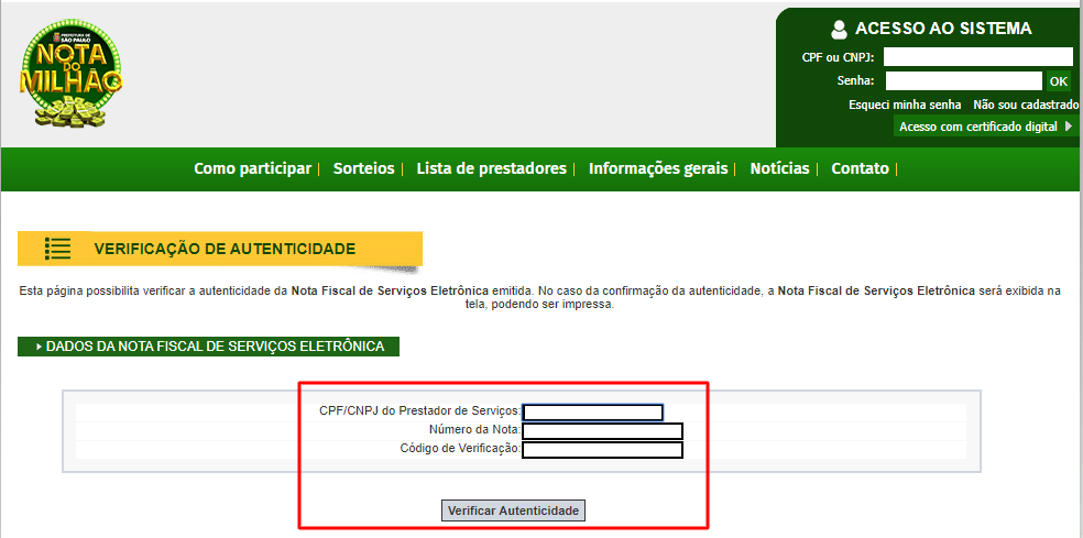 Tela de consulta e validação de NFS-e para a Nota do Milhão
