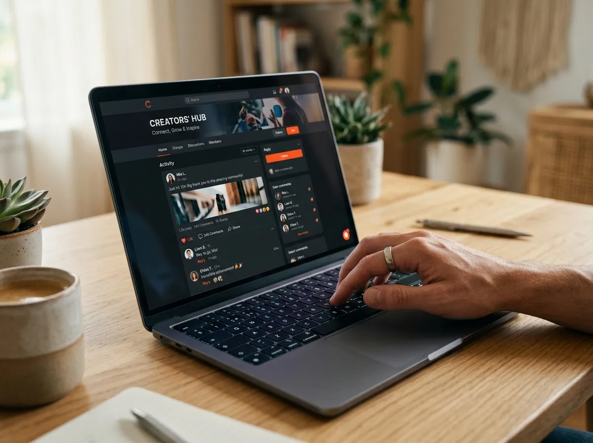 Mão digitando no notebook em uma interface de comunidade online fictícia, representando como creators podem transformar audiência em uma comunidade paga na Creator Economy.