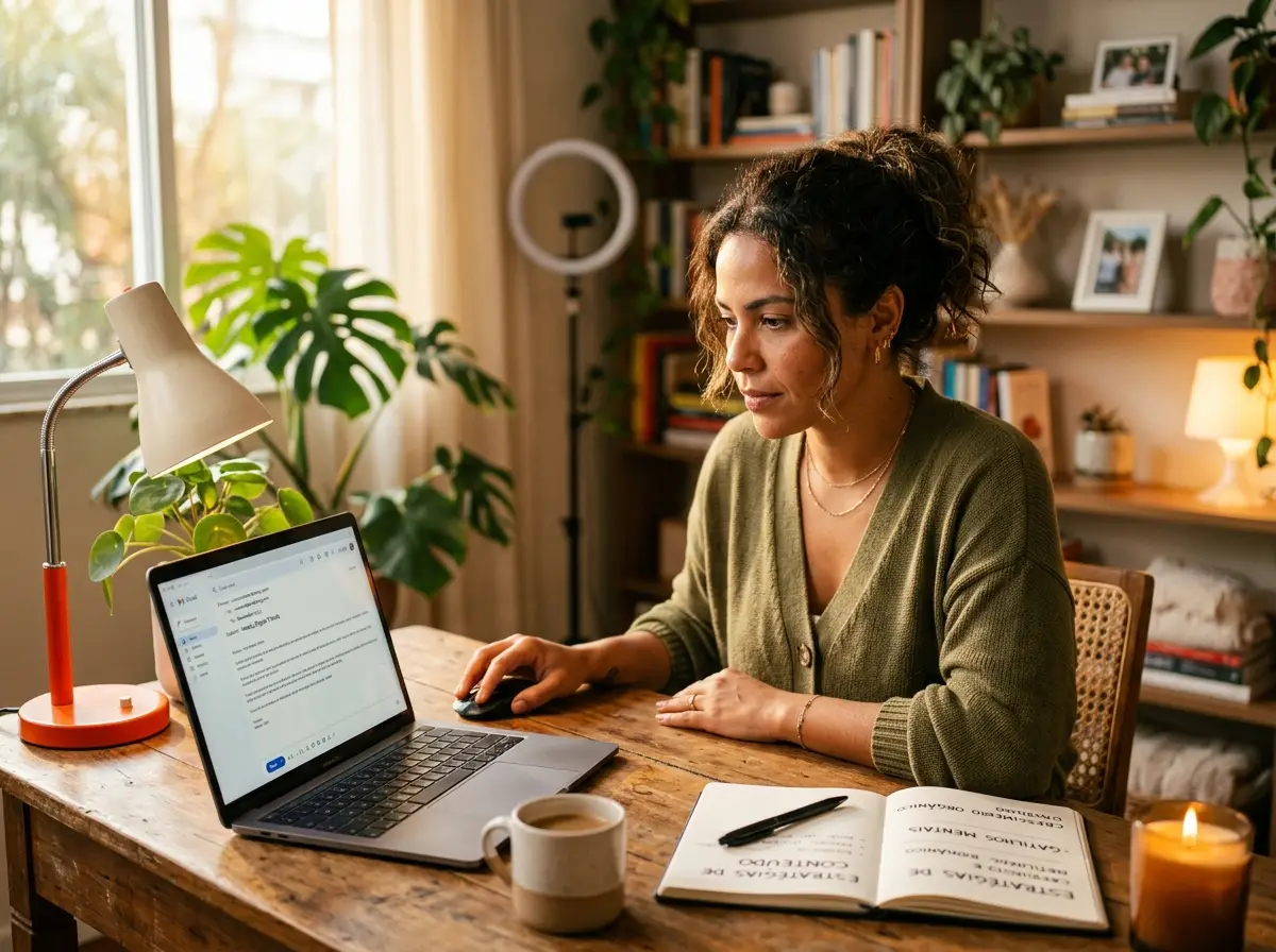 Creator de marketing digital sentado em um escritório aconchegante em casa, enviando uma newsletter pelo notebook, com plantas e luz natural ao redor da mesa de trabalho.