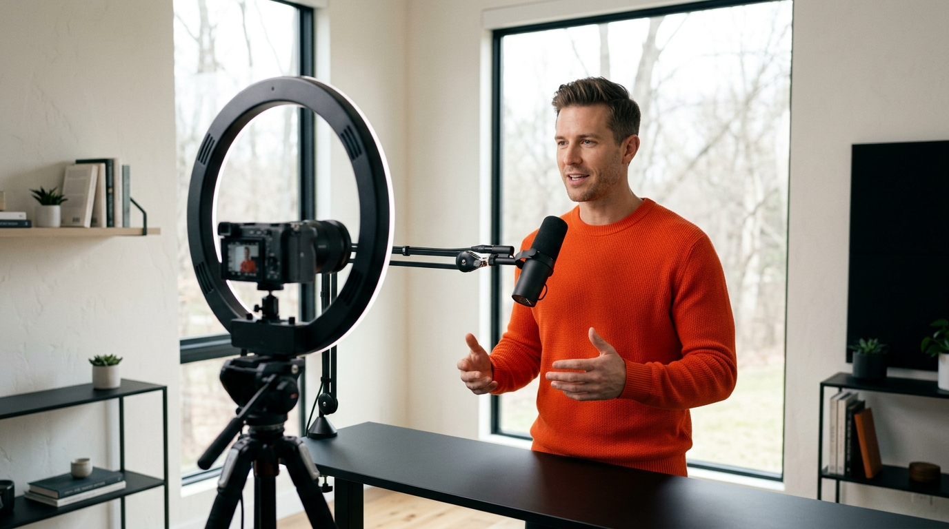 Criador de conteúdo gravando curso online em estúdio caseiro com ring light