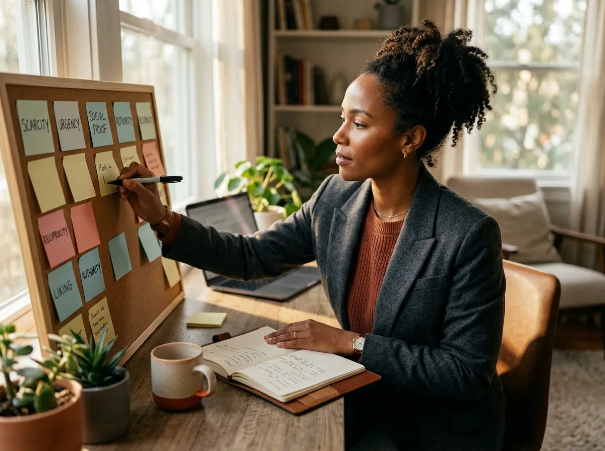 Person organizing psychological triggers on a sticky-note board during a marketing and sales strategy brainstorm for digital products.