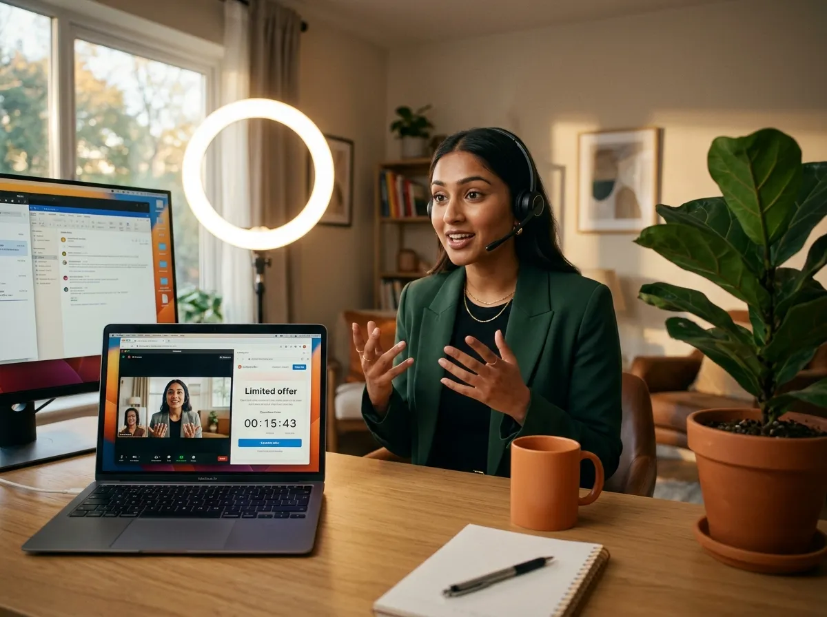Saleswoman explaining a limited-time offer during a video call, an example of applying psychological triggers to digital product sales.
