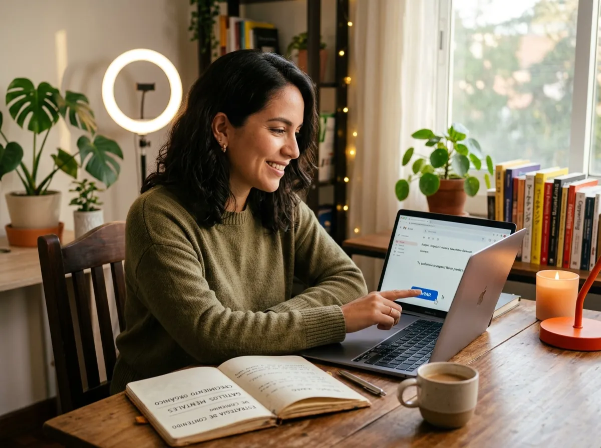 Creador de marketing digital sentado en una oficina acogedora en casa, enviando una newsletter desde su computador, con plantas y luz natural alrededor del escritorio.