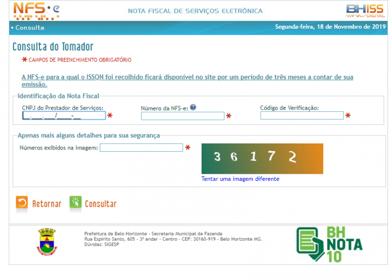 Exemplo de consulta de nota fiscal no site da prefeitura de Belo Horizonte