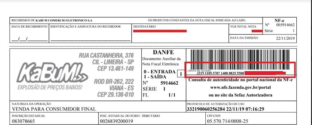 Exemplo de chave de acesso em uma nota fiscal eletrônica