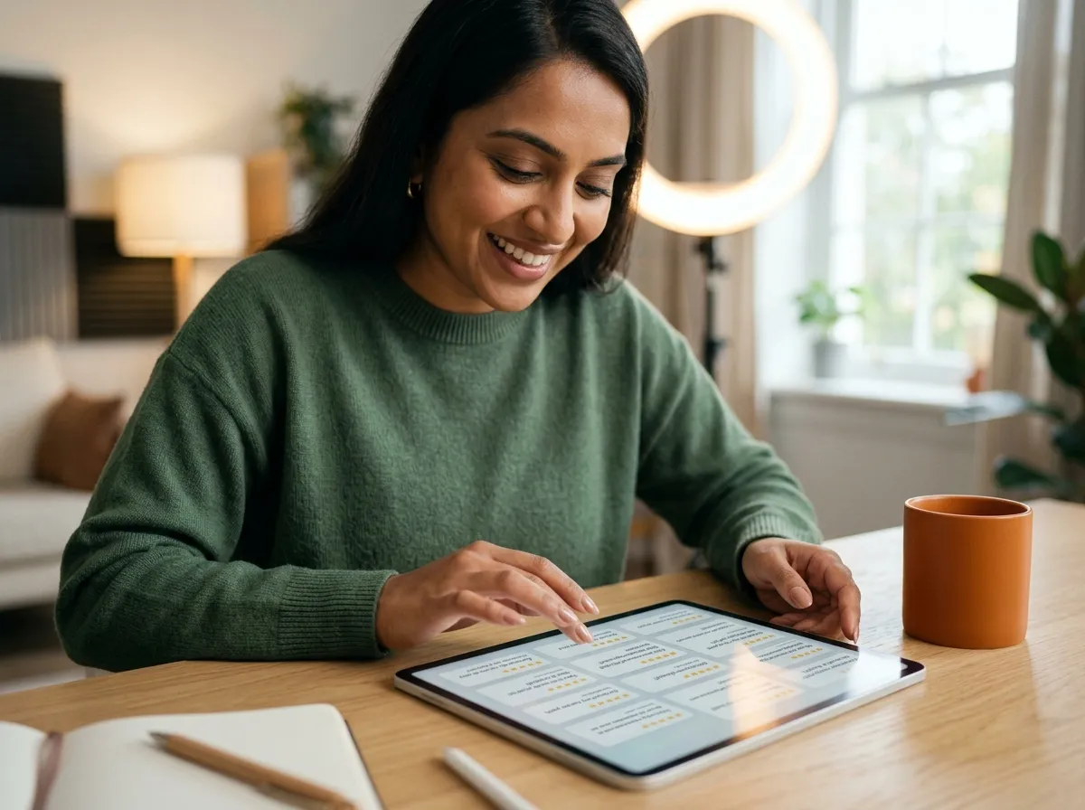 Content creator reviewing customer testimonials and star ratings on a tablet, an example of the social proof trigger used on sales pages.
