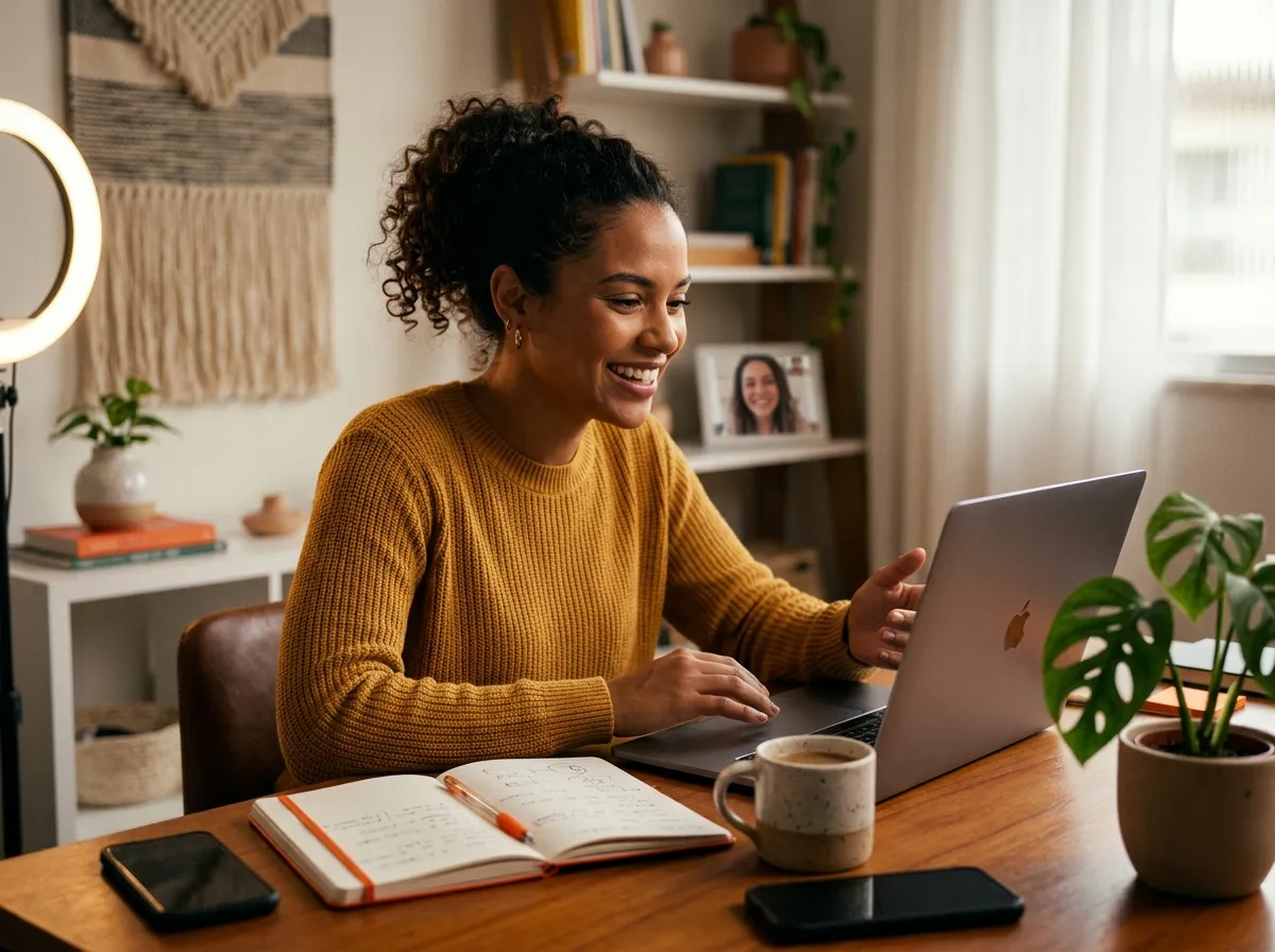 Vendedor aplicando técnicas de persuasión durante una videollamada con un cliente, sonriendo mientras anota puntos importantes de la conversación en su cuaderno, en un home office acogedor.