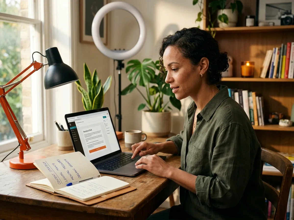 Digital marketing creator sitting in a cozy home office, sending a newsletter from a laptop, with plants and natural light around the desk.