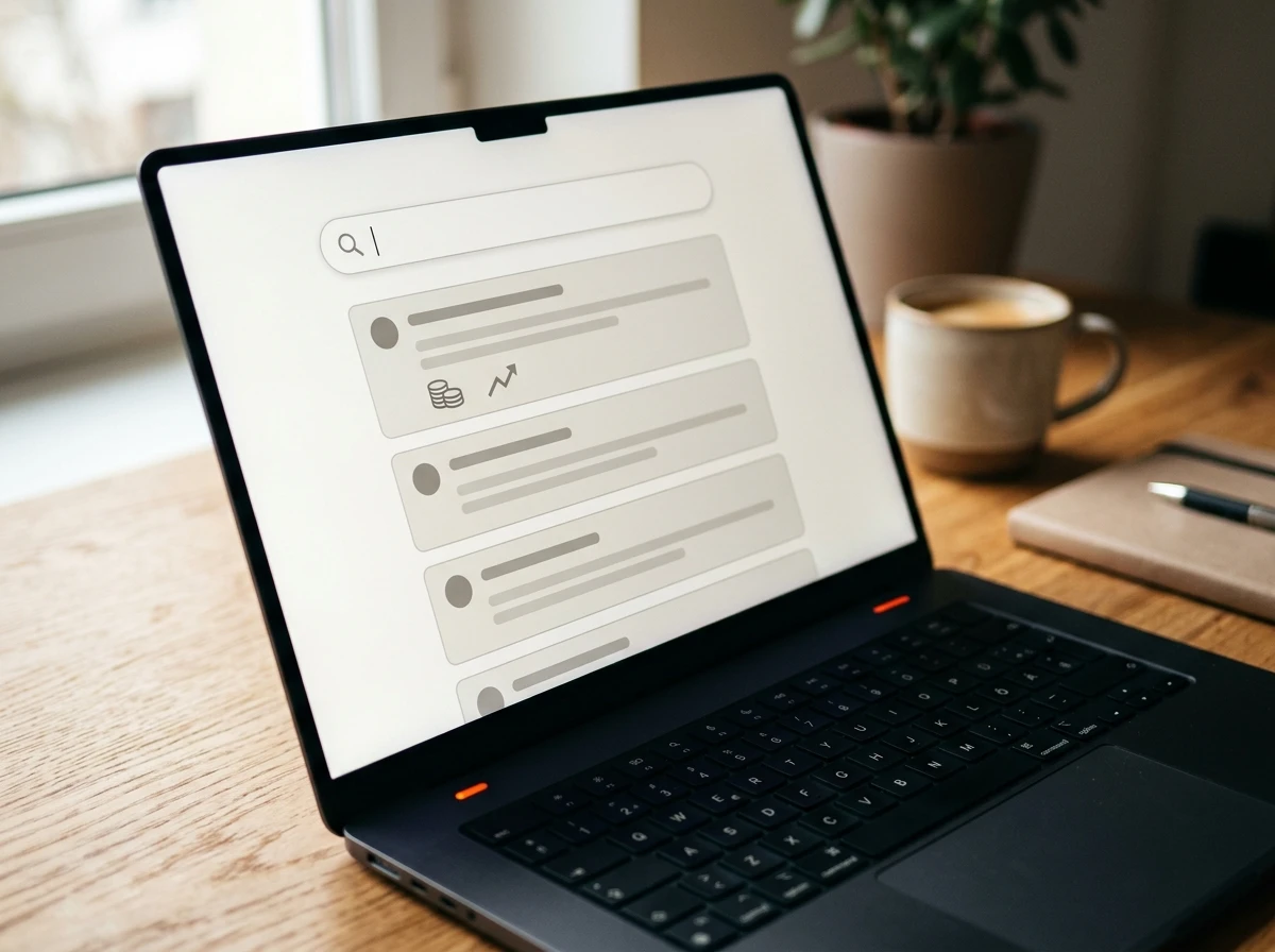Laptop screen showing different finance-related searches, illustrating the importance of showing up in search to be seen as an authority