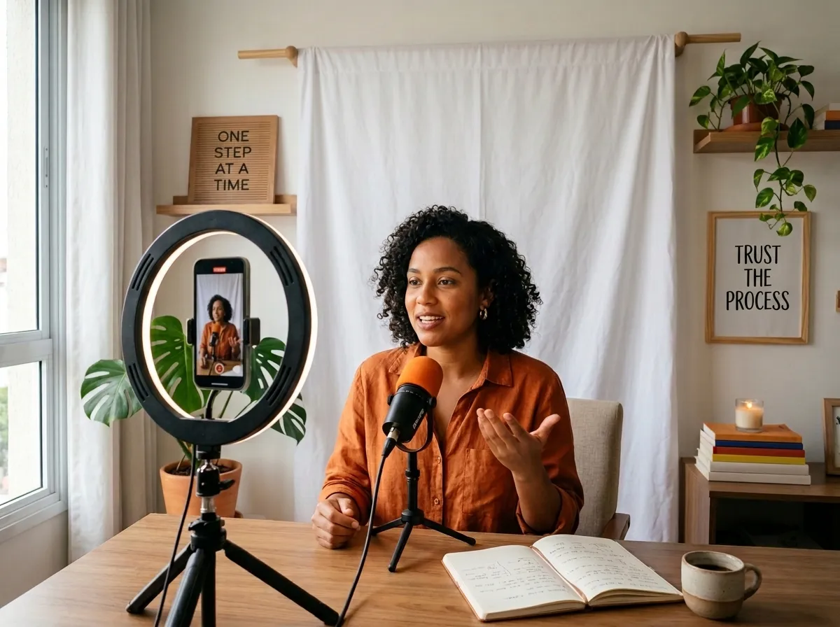 Personal development creator records lessons for her online course at home with a ring light and microphone, showing the best online course platform lets you start with simple equipment.