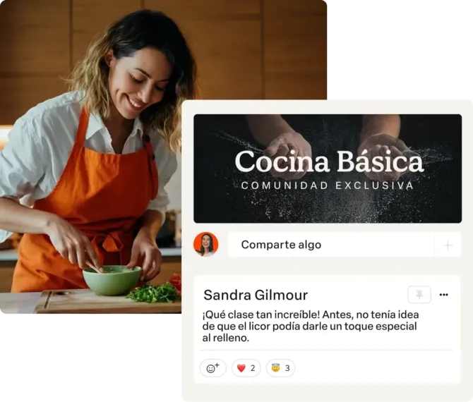 Mujer cocina junto a la interfaz de una comunidad digital exclusiva llamada Cocina Básica, donde una alumna comenta lo mucho que aprendió en la clase.