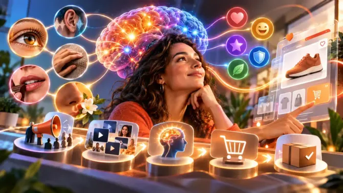 Mujer con cerebro iluminado conectado a los cinco sentidos y emociones, ilustrando las etapas del neuromarketing, desde el estímulo sensorial hasta la decisión de compra en una tienda online.