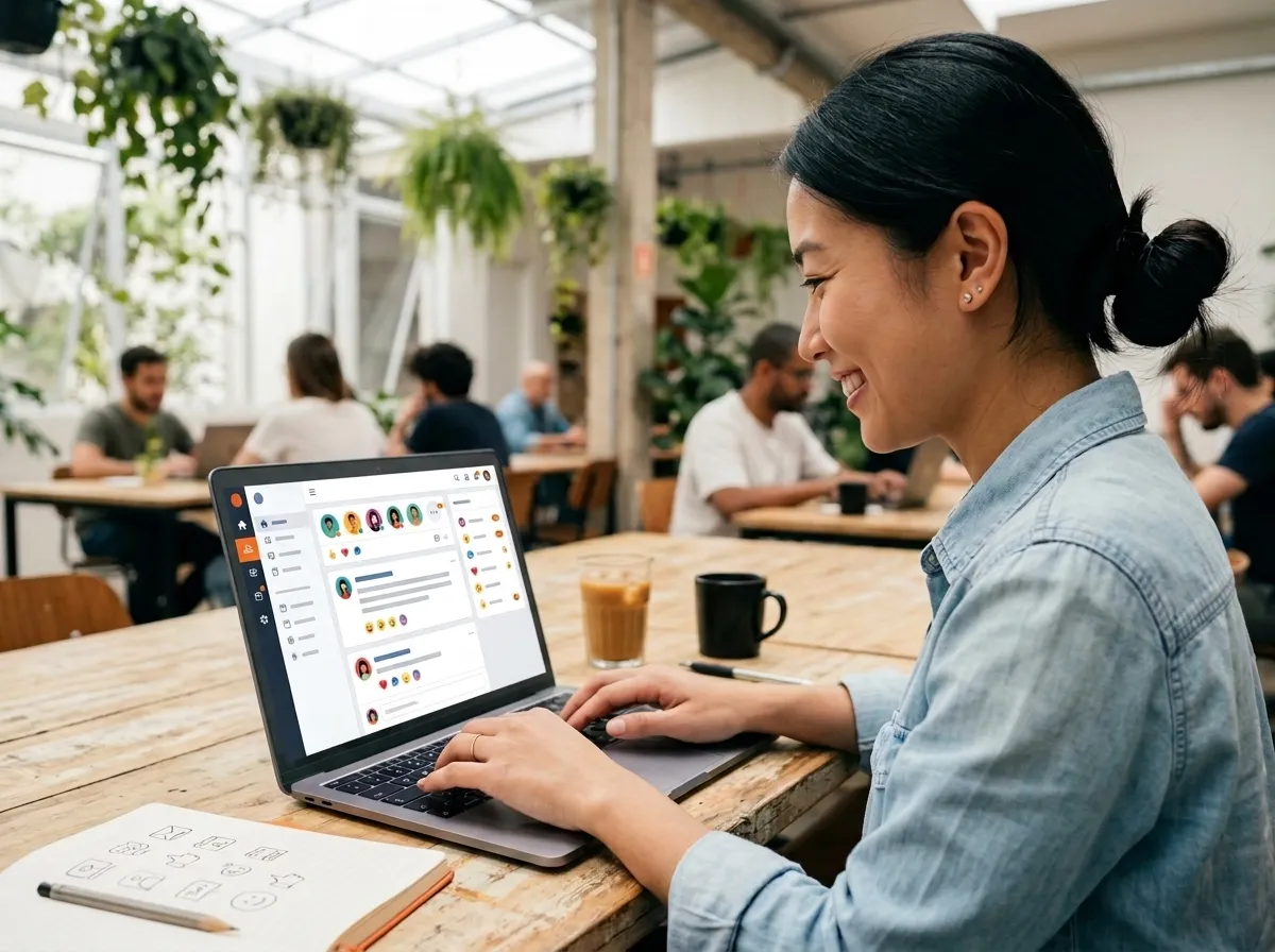 Community manager publica um post em uma comunidade digital pelo notebook, com avatares de membros, reações e comentários na tela, estimulando o engajamento entre os participantes.