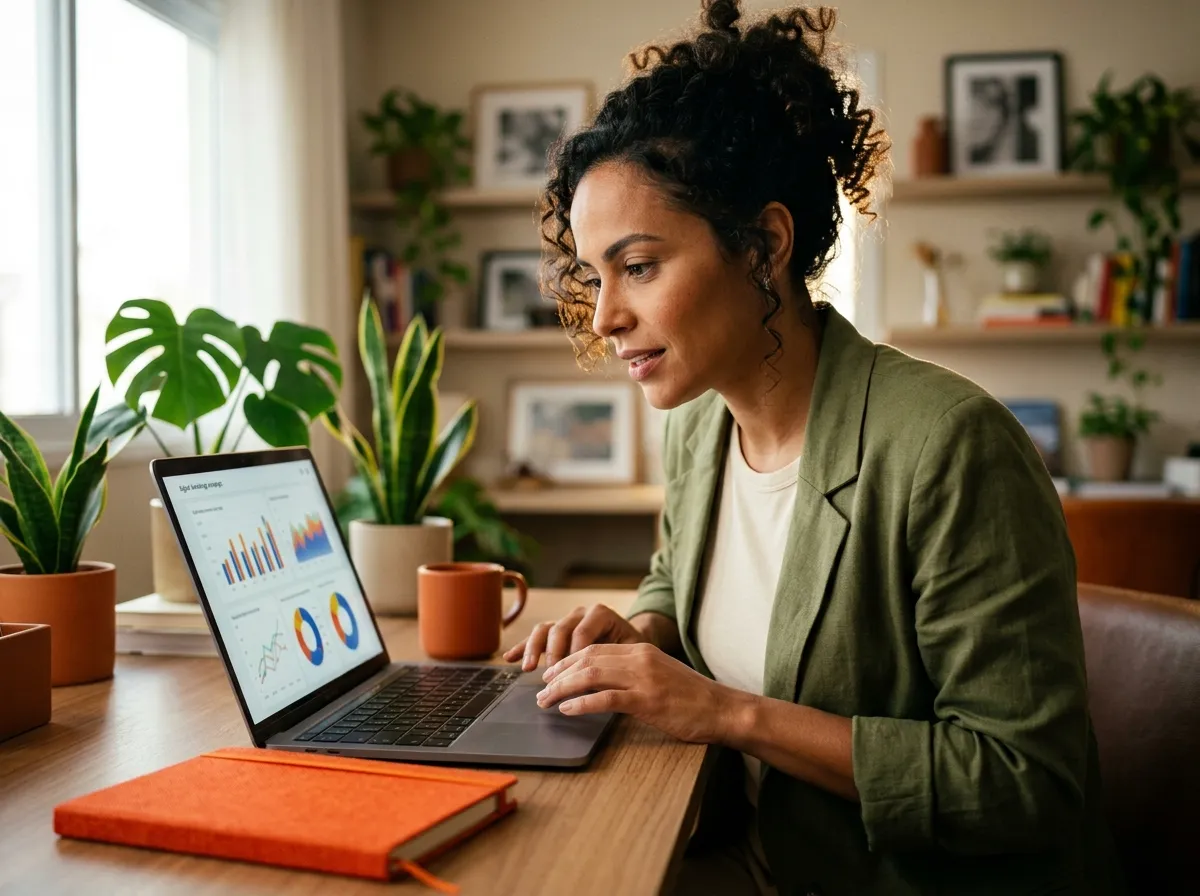 Marketing professional reviewing a digital campaign dashboard on her laptop, representing everyday work in digital marketing.