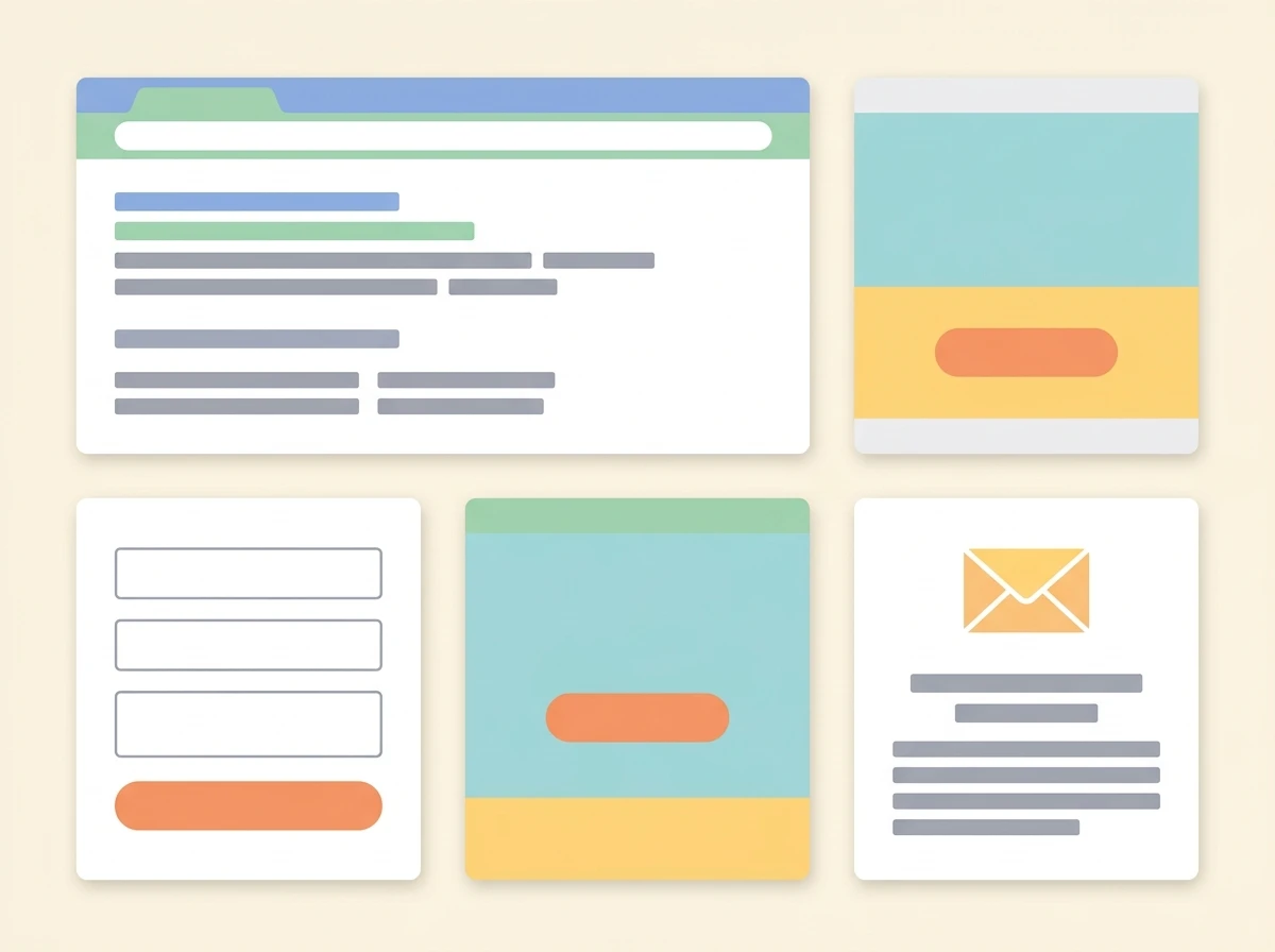 montaje con ejemplos de copywriting en anuncios, formularios, landing pages y correo